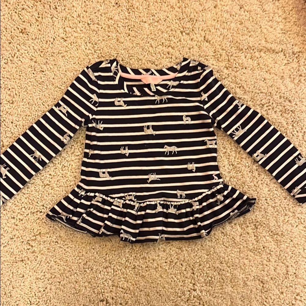 Joules | Girls Navy and white striped glitter horses peplum long sleeve top